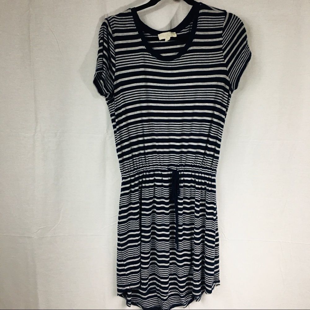 Olive & Oak dress Medium striped short sleeved blue tan tie at waist casual
